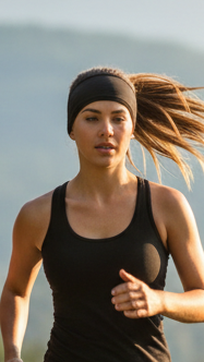 man and women running with black headband on